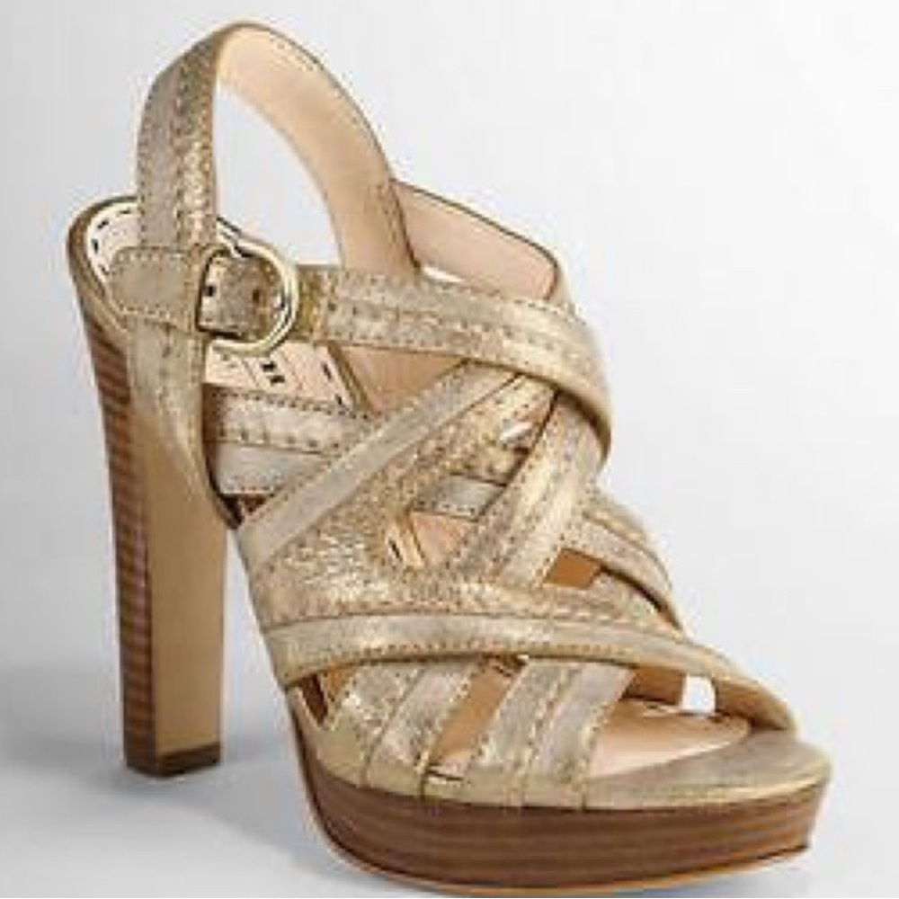 COACH Brynne gladiator light gold platform high heeled sandals size 7.5